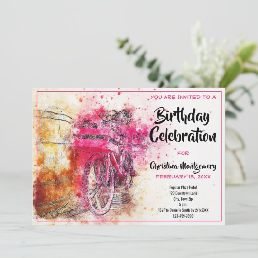  chique roze Waterverf fietsverjaardag Kaart (Staand voorkant)