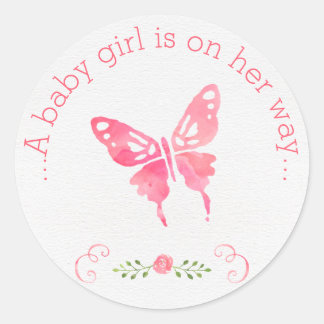 Chique roze Waterverf vlinder meisje Baby shower Ronde Sticker