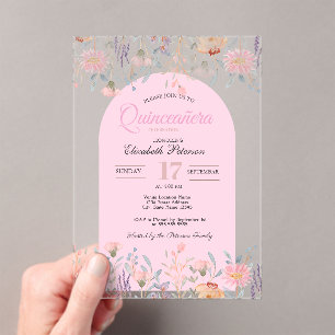 Chique Roze Wilde Bloemen Uw Foto Quinceañera  Acryl Uitnodigingen