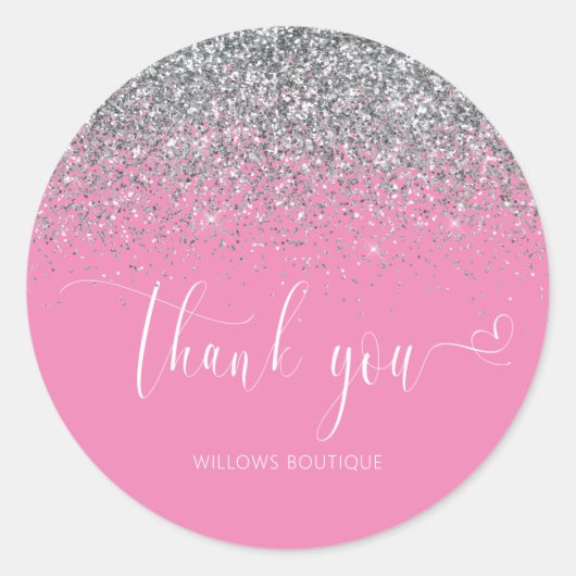 Chique roze wit zilver glitter dank u ronde sticker (Voorkant)