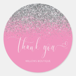 Chique roze wit zilver glitter dank u ronde sticker