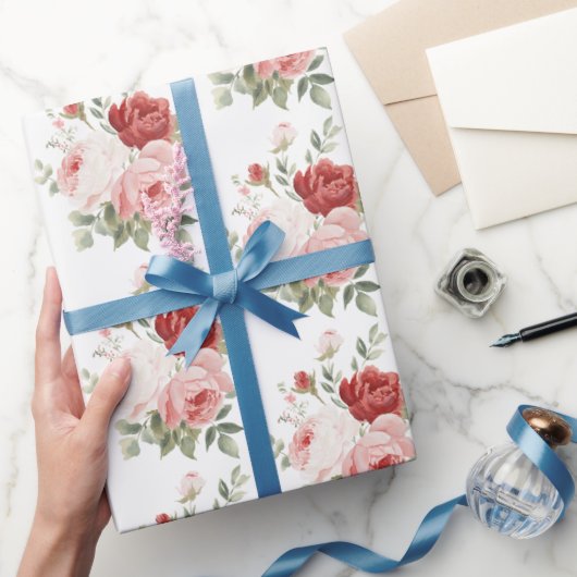 Chique Roze Witte Rode Rozen Bloemig Bruidsdiner Cadeaupapier (Geschenken)