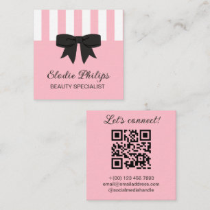 Chique roze witte strepen & preppy strik vierkante visitekaartje