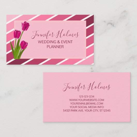 Chique roze witte strepen tulp bloemig visitekaartje (Voorkant / Achterkant)