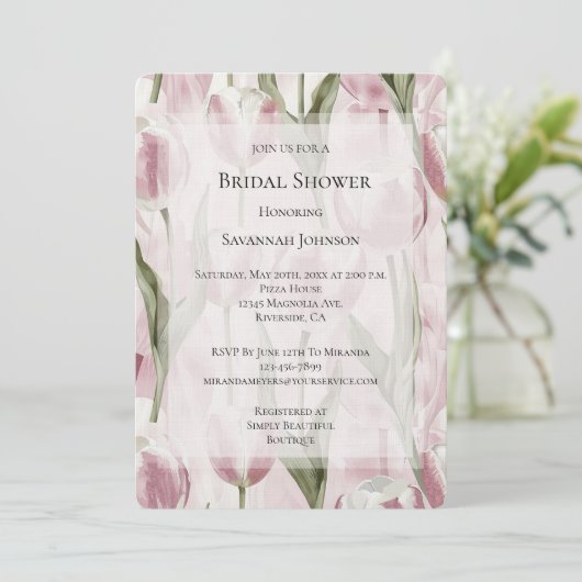 Chique roze witte tulp bloemen bruiloftsdouche kaart (Staand voorkant)