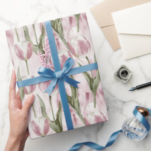 Chique Roze Witte Tulp Bloemen Verjaardag Cadeaupapier