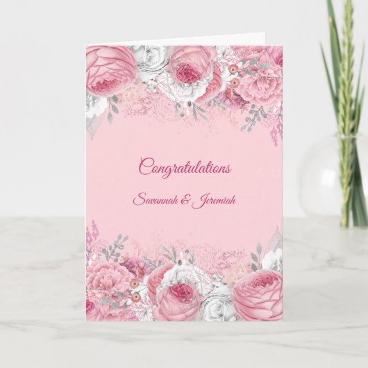 Chique Roze Zilveren Bloemige Felicitatie Bruiloft Kaart (Voorkant)