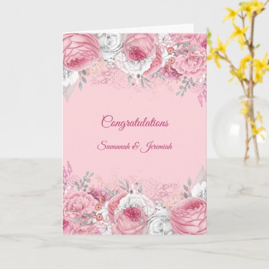 Chique Roze Zilveren Bloemige Felicitatie Bruiloft Kaart (Gele Bloem)