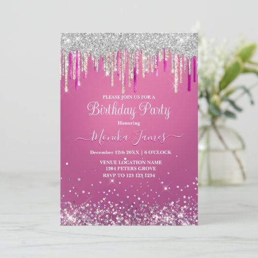 Chique roze zilveren druipende glitters monogram kaart (Staand voorkant)