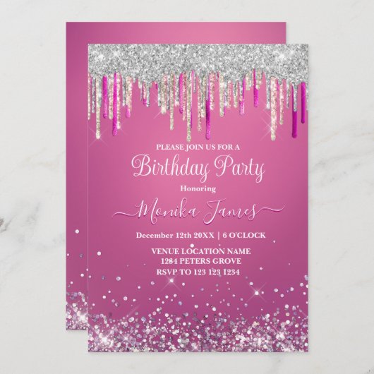 Chique Roze Zilveren Glitterende Monogram Kaart (Voorkant / Achterkant)