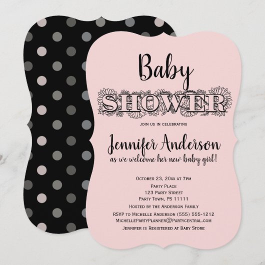 Chique roze zwart bloemenpolka dot Baby shower Kaart (Voorkant / Achterkant)