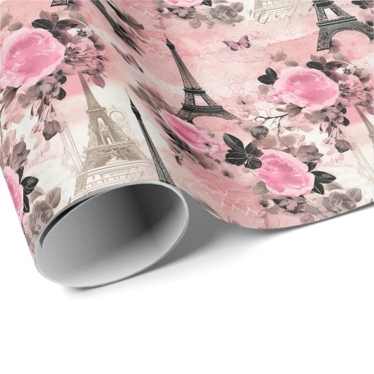 Chique Roze Zwart & Wit Eiffeltoren Parijs Frans Cadeaupapier (Rol Hoek)
