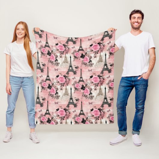 Chique Roze Zwart & Wit Eiffeltoren Parijs Frans Fleece Deken (In situ)