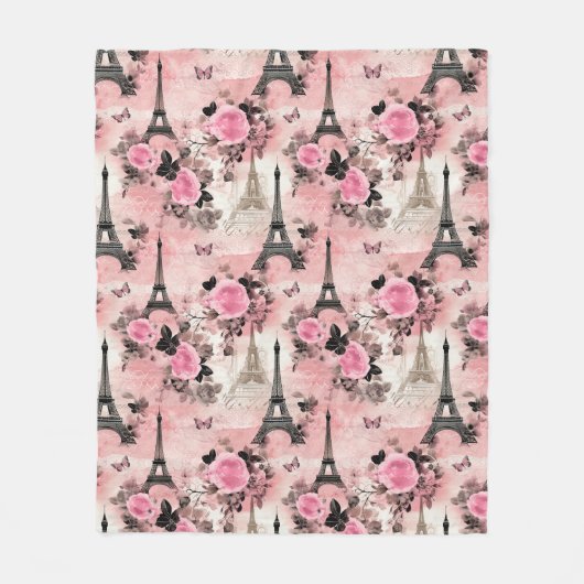 Chique Roze Zwart & Wit Eiffeltoren Parijs Frans Fleece Deken (Voorkant)