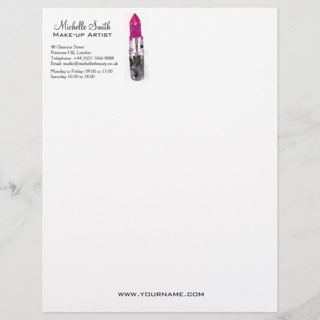 Chique roze zwart zilver waterverf lippenstift Mak Briefhoofd Ontwerp (Voorkant)