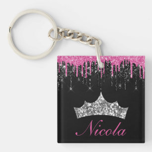 Chique Roze Zwarte Druppelende Glitters Tiara Naam Sleutelhanger
