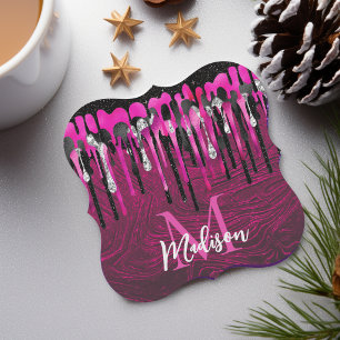 Chique roze zwarte glinsterende druppels monogram kartonnen onderzetters