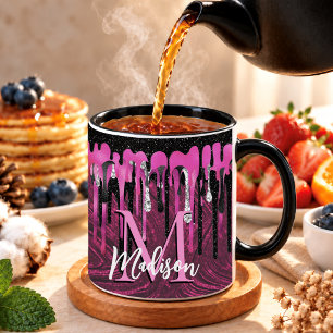 Chique roze zwarte glinsterende monogram met drupp mok