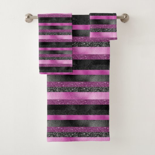 Chique roze zwarte glinsterende streep Glam design Bad Handdoek (Insitu)