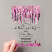 Chique roze zwarte glitters glazuur verjaardag mon acryl uitnodigingen (Insitu (Draagbaar))