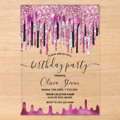 Chique roze zwarte glitters glazuur verjaardag mon acryl uitnodigingen (Voorkant)
