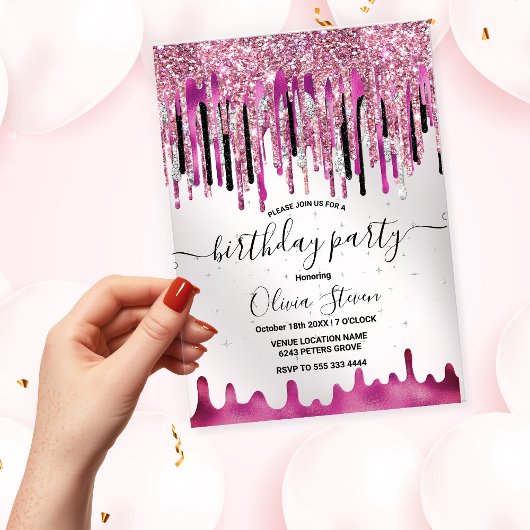 Chique roze zwarte glitters glazuur verjaardag mon acryl uitnodigingen