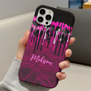 Chique roze zwarte glitterslierende monogram Case-Mate iPhone case