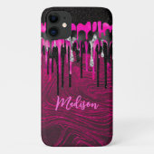 Chique roze zwarte glitterslierende monogram Case-Mate iPhone case (Achterkant)