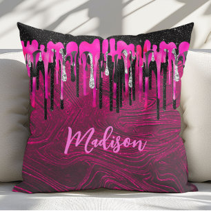 Chique roze zwarte glitterslierende monogram kussen