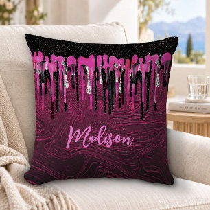 Chique roze zwarte glitterslierende monogram kussen