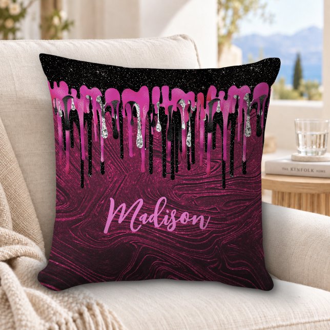 Chique roze zwarte glitterslierende monogram kussen (Creator heeft geüpload)