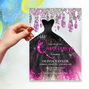 Chique roze zwarte kristal druppels Quinceanera Acryl Uitnodigingen