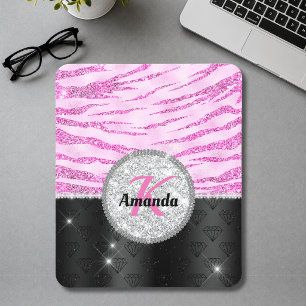 Chique roze zwarte nepschitterdierprint monogram muismat