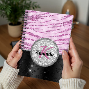 Chique roze zwarte nepschitterdierprint monogram notitieboek