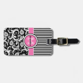Chique roze, zwarte, witte strepen, met monogram bagagelabel (Voorkant horizontaal)