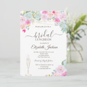 Chique rozen, wijnglas, lichten bruidslunch kaart (Staand voorkant)