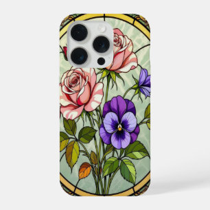 Chique rozen wilde viooltjes gebrandschilderd glas iPhone 15 pro case