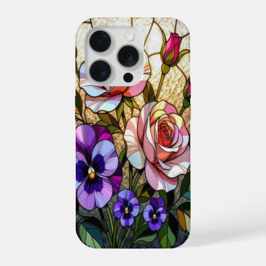 Chique rozen wilde viooltjes gebrandschilderd glas iPhone hoesje (Achterkant)