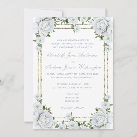 Chique Rozen & Zilveren Rand Bloemen Bruiloft Kaart (Voorkant)