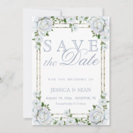 Chique rozen & zilveren rand bloemen bruiloft save the date
