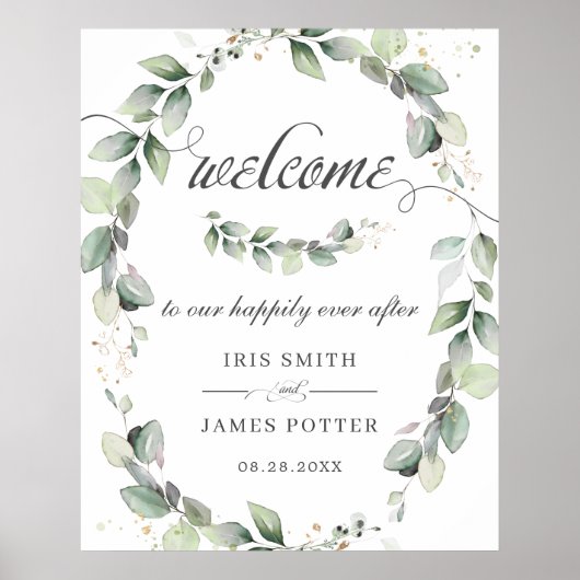 Chique Rustic Groene Krans Bruiloft Welkom Bord Poster (Voorkant)