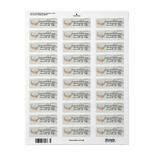 Chique rustiek Antler bloem hout adres Etiket (Full Sheet)