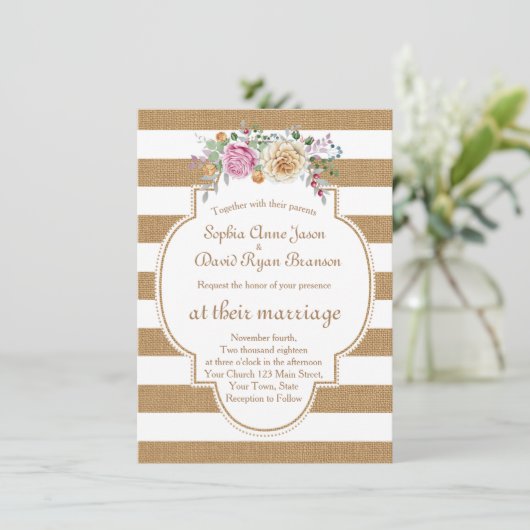 Chique Rustieke Bloemstuk Jute Strepen Trouw Uitno Kaart (Staand voorkant)