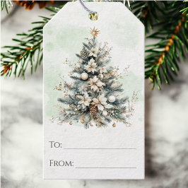 Chique Rustieke Bos Waterverf Kerstboom Cadeaulabel