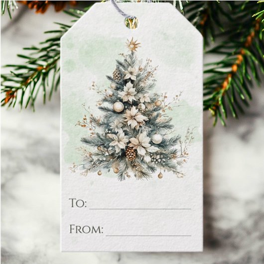 Chique Rustieke Bos Waterverf Kerstboom Cadeaulabel