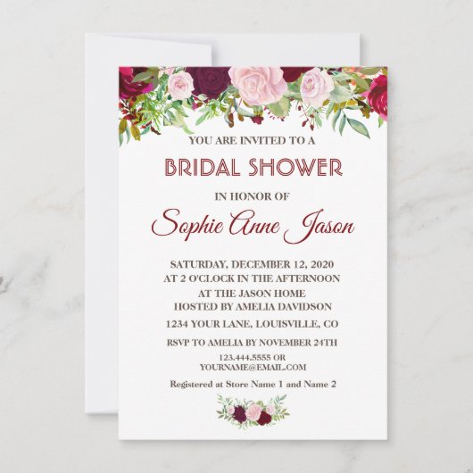 Chique Rustieke Burgundy Marsala Bloemachtige Brui Kaart (Voorkant)