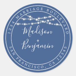 Chique Rustieke Lichten Blauwe Huwelijk Retouradre Ronde Sticker