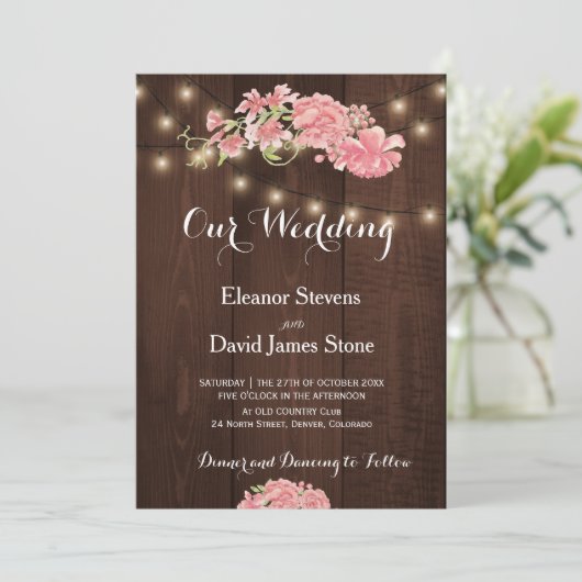 Chique rustieke lichten blozen pioenen schuur hout kaart (Staand voorkant)