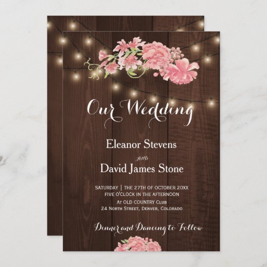 Chique rustieke lichten blozen pioenen schuur hout kaart (Voorkant / Achterkant)