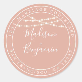 Chique Rustieke Lichten Roze Huwelijk Retouradres Ronde Sticker